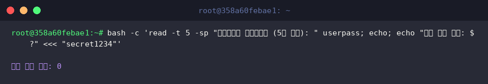 bash -c &lsquo;read -t 5 -sp &ldquo;비밀번호를 입력하세요 (5초 제한): " userpass; echo; echo &ldquo;입력 완료 여부: $?&rdquo; «< &ldquo;secret1234&rdquo;&rsquo;