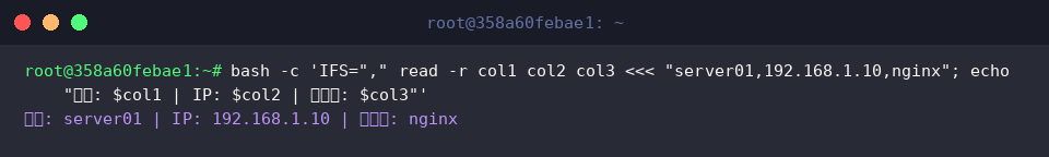 bash -c &lsquo;IFS=&rdquo;,&rdquo; read -r col1 col2 col3 «< &ldquo;server01,192.168.1.10,nginx&rdquo;; echo &ldquo;서버: $col1 | IP: $col2 | 서비스: $col3&rdquo;&rsquo;