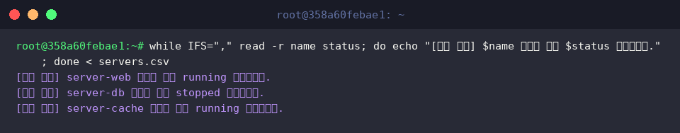 while IFS="," read -r name status; do echo &ldquo;[상태 점검] $name 서버는 현재 $status 상태입니다.&rdquo;; done < servers.csv