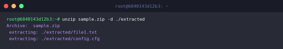 unzip sample.zip -d ./extracted
