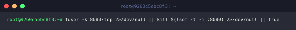 fuser -k 8080/tcp 2>/dev/null || kill $(lsof -t -i :8080) 2>/dev/null || true