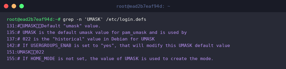 grep -n &lsquo;UMASK&rsquo; /etc/login.defs