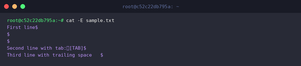 cat -E sample.txt