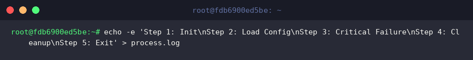 echo -e &lsquo;Step 1: Init\nStep 2: Load Config\nStep 3: Critical Failure\nStep 4: Cleanup\nStep 5: Exit&rsquo; > process.log