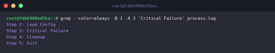 grep &ndash;color=always -B 1 -A 2 &lsquo;Critical Failure&rsquo; process.log