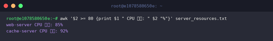 awk &lsquo;$2 >= 80 {print $1 " CPU 경고: " $2 &ldquo;%&rdquo;}&rsquo; server_resources.txt