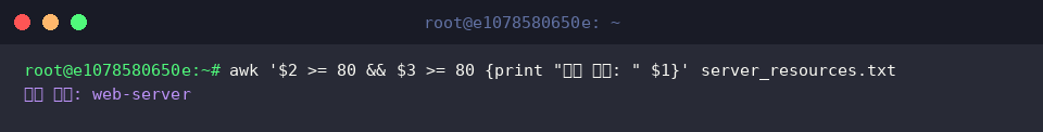 awk &lsquo;$2 >= 80 && $3 >= 80 {print &ldquo;위험 서버: " $1}&rsquo; server_resources.txt