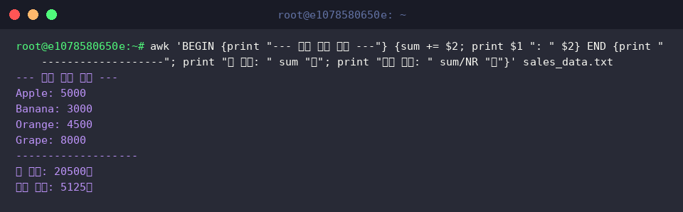 awk &lsquo;BEGIN {print &ldquo;&mdash; 매출 집계 시작 &mdash;&rdquo;} {sum += $2; print $1 &ldquo;: " $2} END {print &ldquo;&mdash;&mdash;&mdash;&mdash;&mdash;&mdash;-&rdquo;; print &ldquo;총 매출: " sum &ldquo;원&rdquo;; print &ldquo;평균 매출: " sum/NR &ldquo;원&rdquo;}&rsquo; sales_data.txt