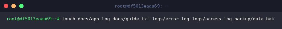 touch docs/app.log docs/guide.txt logs/error.log logs/access.log backup/data.bak