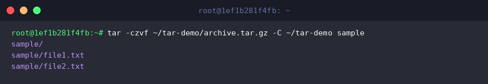 tar -czvf ~/tar-demo/archive.tar.gz -C ~/tar-demo sample