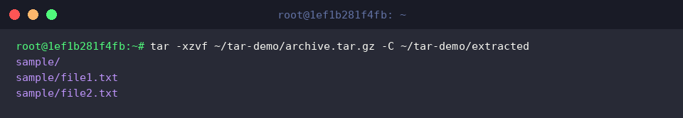 tar -xzvf ~/tar-demo/archive.tar.gz -C ~/tar-demo/extracted