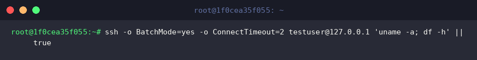 ssh -o BatchMode=yes -o ConnectTimeout=2 testuser@127.0.0.1 &lsquo;uname -a; df -h&rsquo; || true