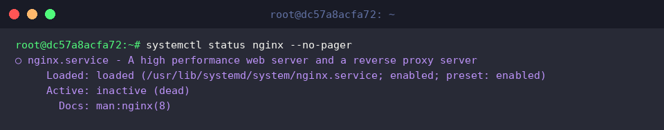Inspecting Nginx service status using systemctl with no-pager flag