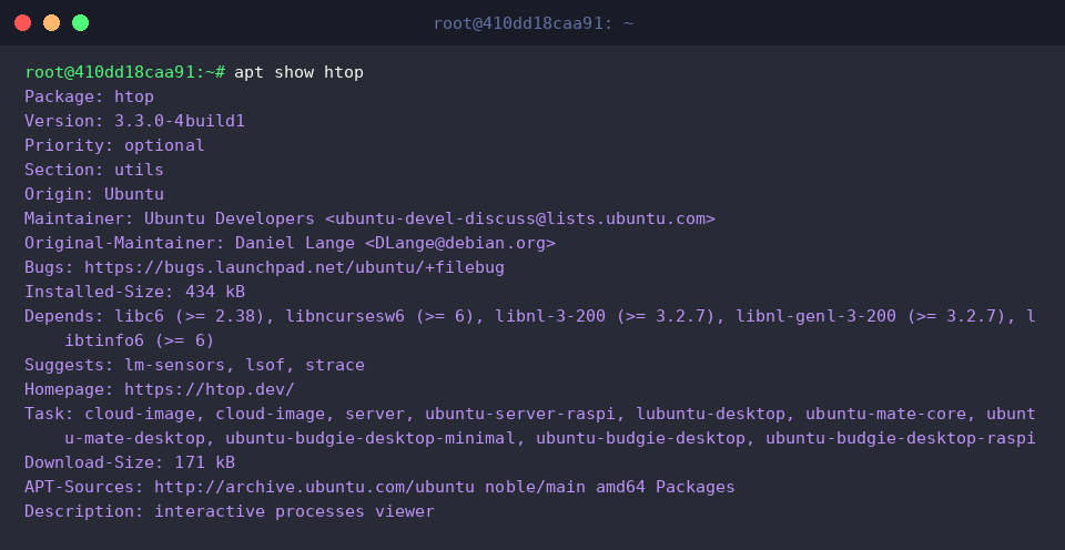 Inspecting detailed package metadata for htop