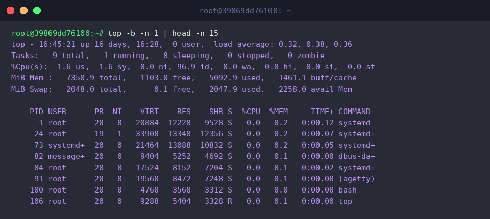Capturing a quick non-interactive top snapshot filtered to the top 15 lines