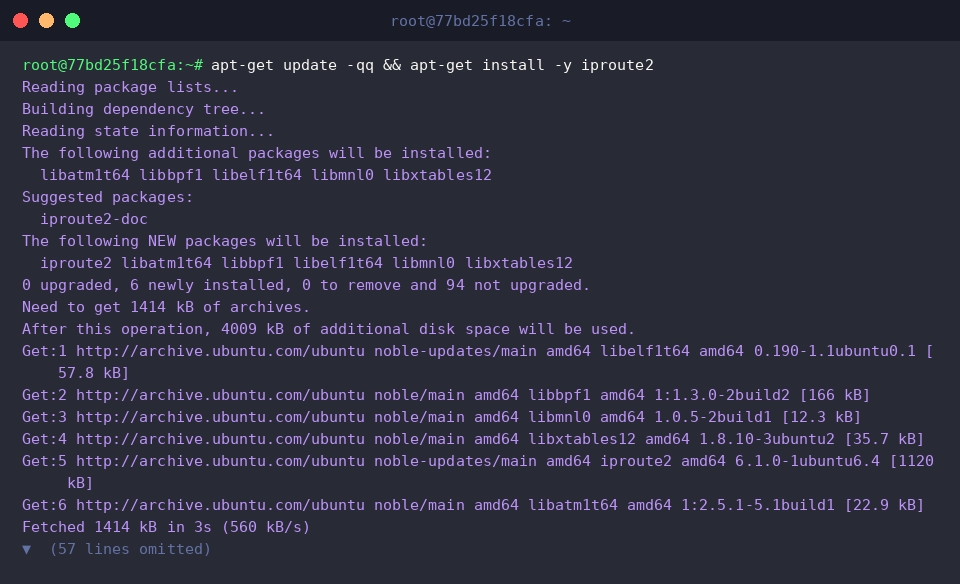 Updating package index and installing iproute2
