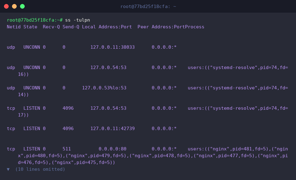 Complete listening socket overview across TCP and UDP with ss -tulpn