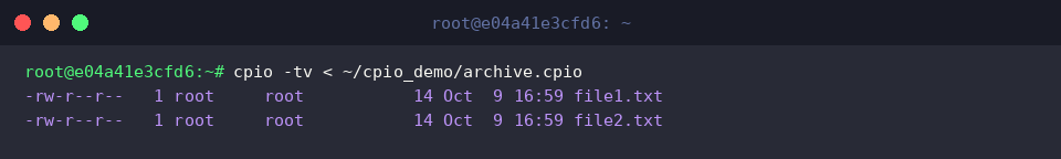 Listing cataloged files inside the cpio archive stream