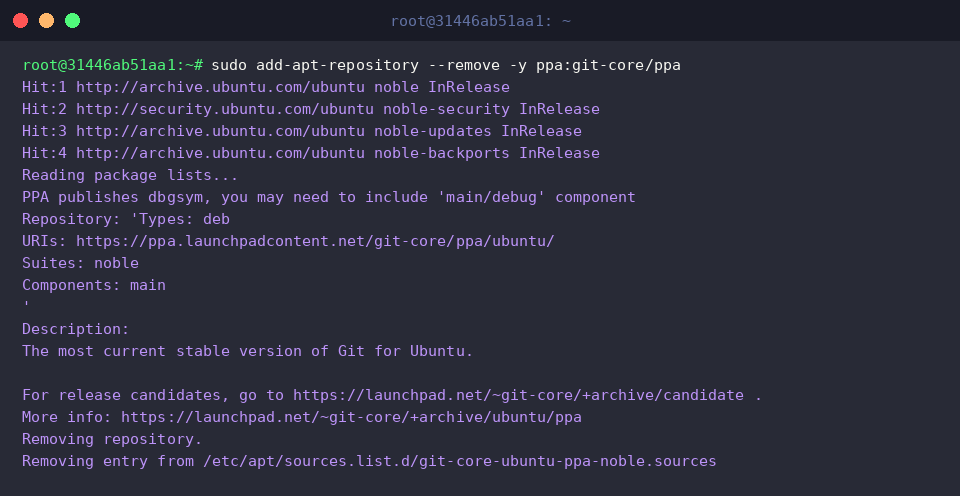 Removing Git Core PPA with –remove flag