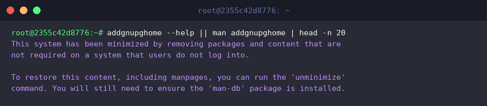Checking help flags and manual entries for addgnupghome