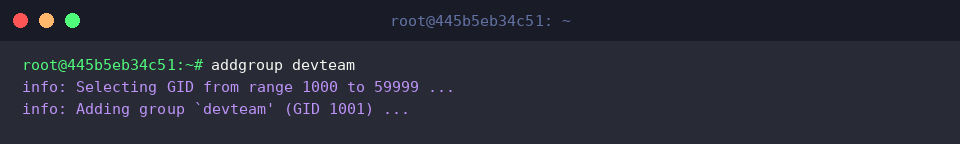 Running addgroup to create the devteam group