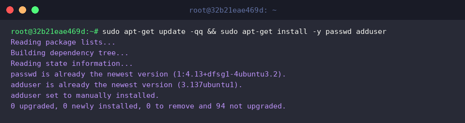 Updating package lists and installing passwd and adduser
