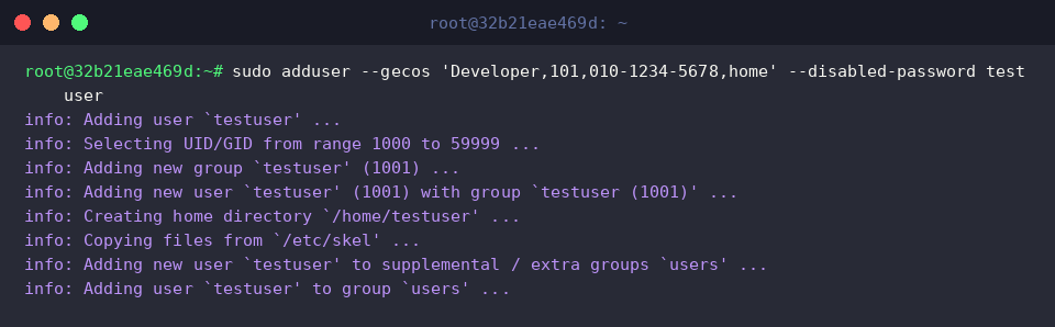 Creating testuser non-interactively using gecos and disabled-password flags