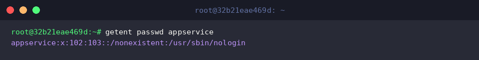 Inspecting passwd entry via getent to verify locked shell and dummy home
