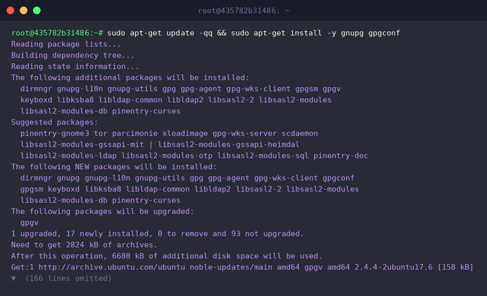 Updating repositories and installing gnupg with gpgconf