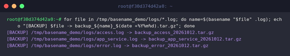 Automating dynamic backup archive naming in a Bash loop