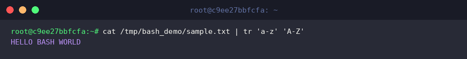 Piping file content into tr for uppercase transformation