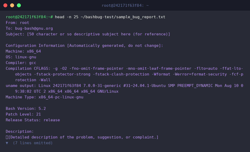 Viewing the top lines of the saved report template