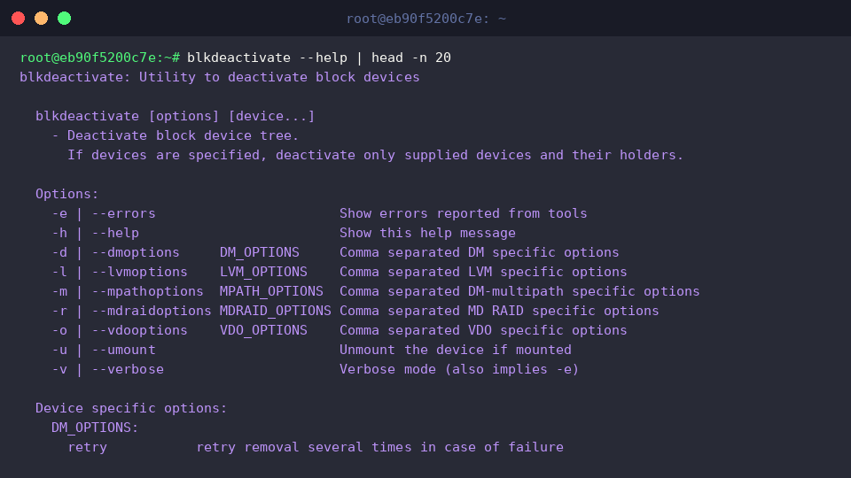 Inspecting blkdeactivate help output