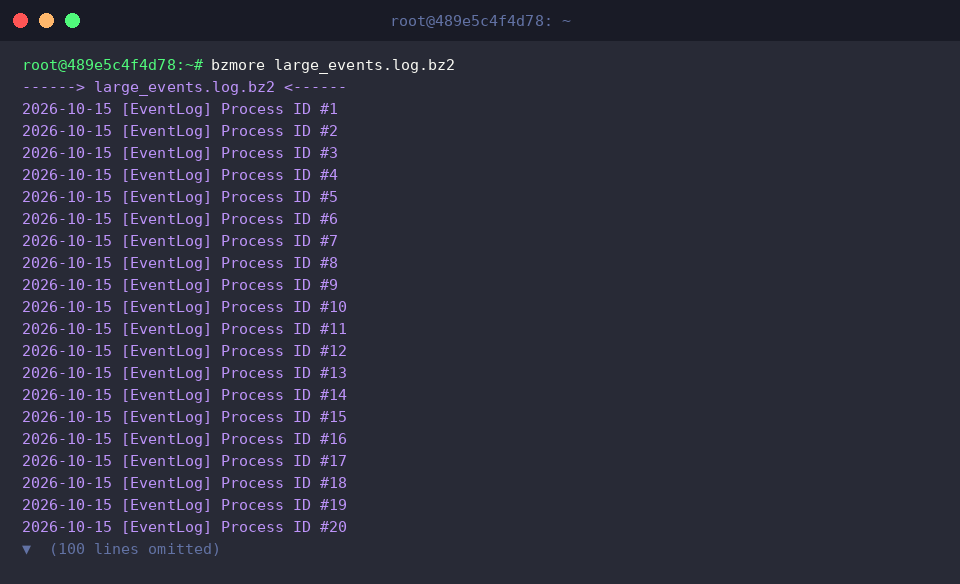 Paginating large compressed log file in bzmore