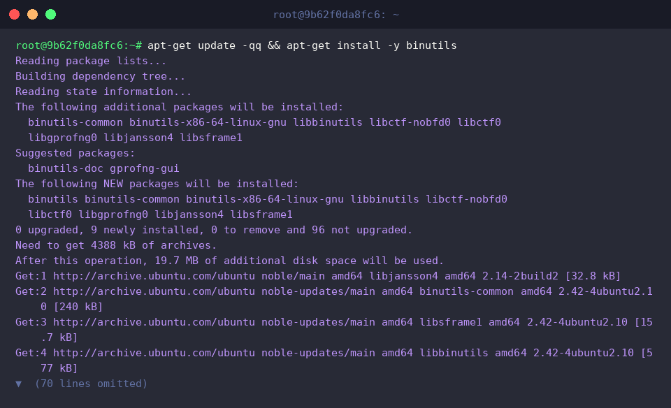 apt-get update -qq && apt-get install -y binutils