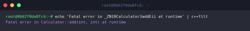 echo &lsquo;Fatal error in _ZN10Calculator3addEii at runtime&rsquo; | c++filt