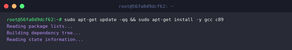 Update package lists and install gcc along with c89