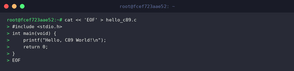 Writing standard C89 hello world source code