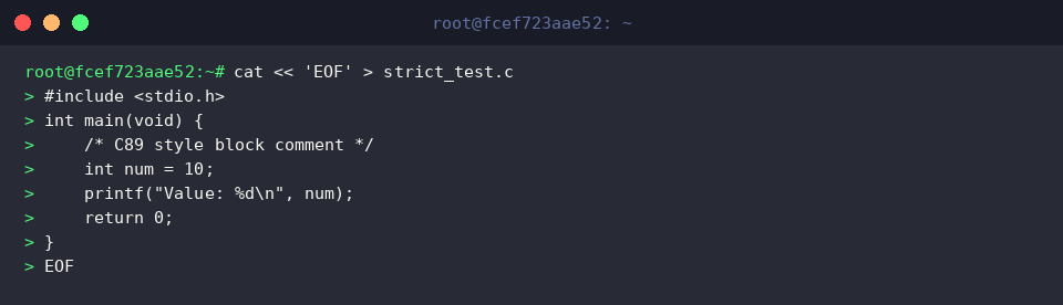 Creating strict_test.c with standard block comments