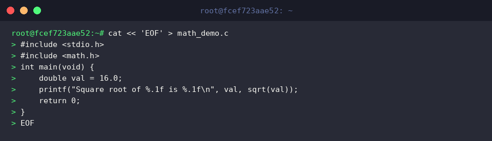 Writing math_demo.c using sqrt function