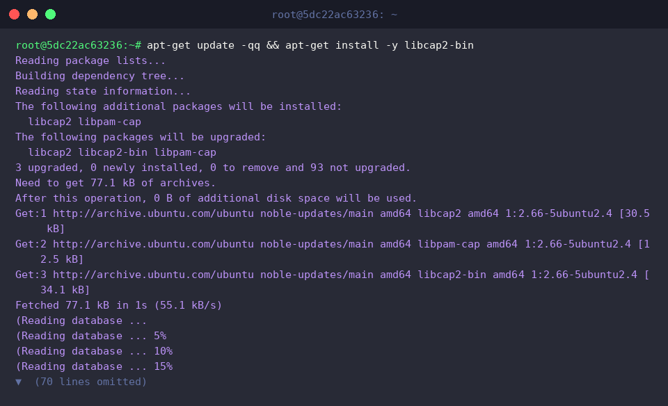 apt-get update -qq && apt-get install -y libcap2-bin