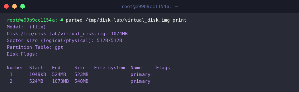 Verifying partition layout with parted print
