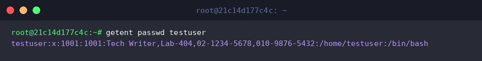 Verify updated GECOS data in getent output