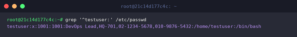 Verify partial changes in /etc/passwd via grep
