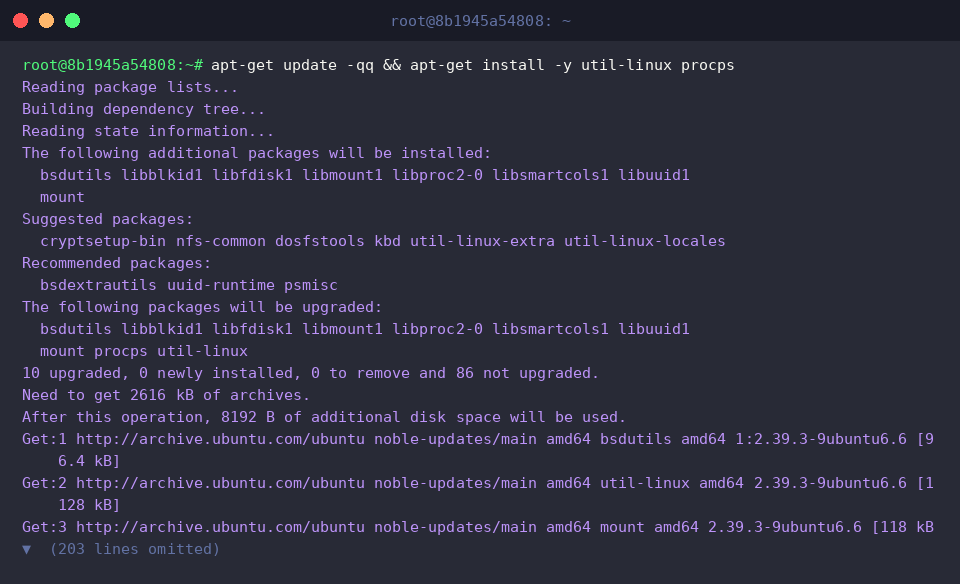 apt-get update -qq && apt-get install -y util-linux procps