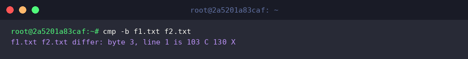 Display byte characters via cmp -b f1.txt f2.txt