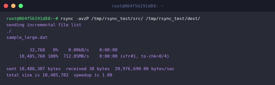 rsync -avzP /tmp/rsync_test/src/ /tmp/rsync_test/dest/