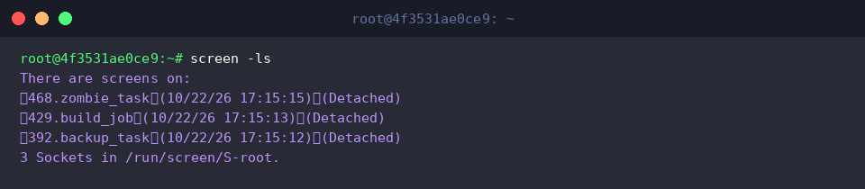Display three active detached sessions