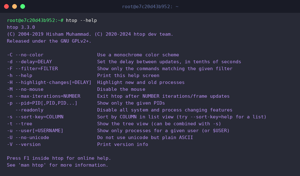 Inspecting available htop CLI options and usage help