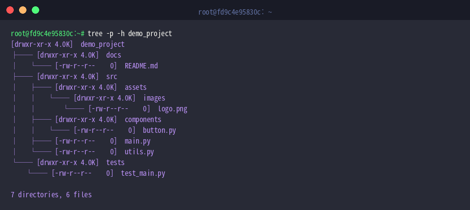 Inspecting POSIX permissions and readable file sizes with -p and -h